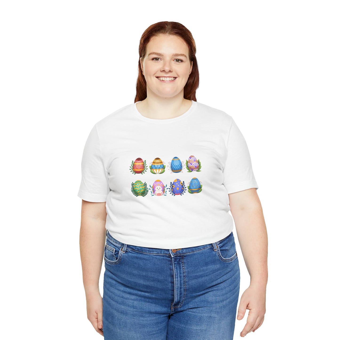 Egg-citing Wreaths Colorful Easter Egg Rows & Spring Leaves Unisex Jersey Short Sleeve Tee