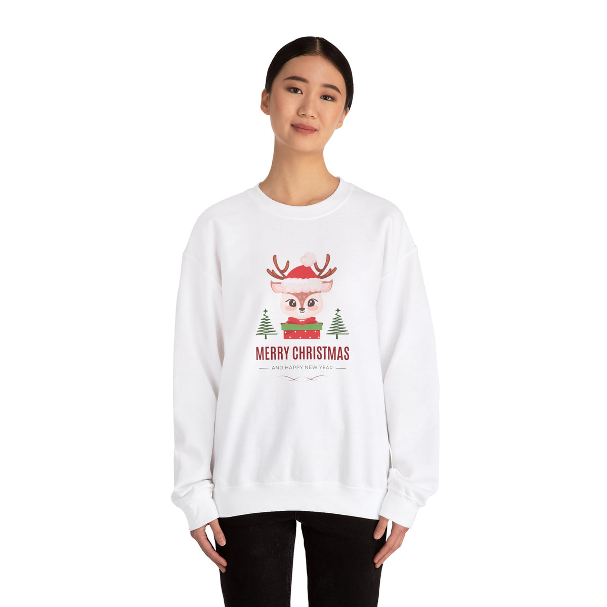 Unisex Heavy Blend Crewneck Sweatshirt Adorable Deer Merry Christmas & Happy New Year 🎅🦌🎄