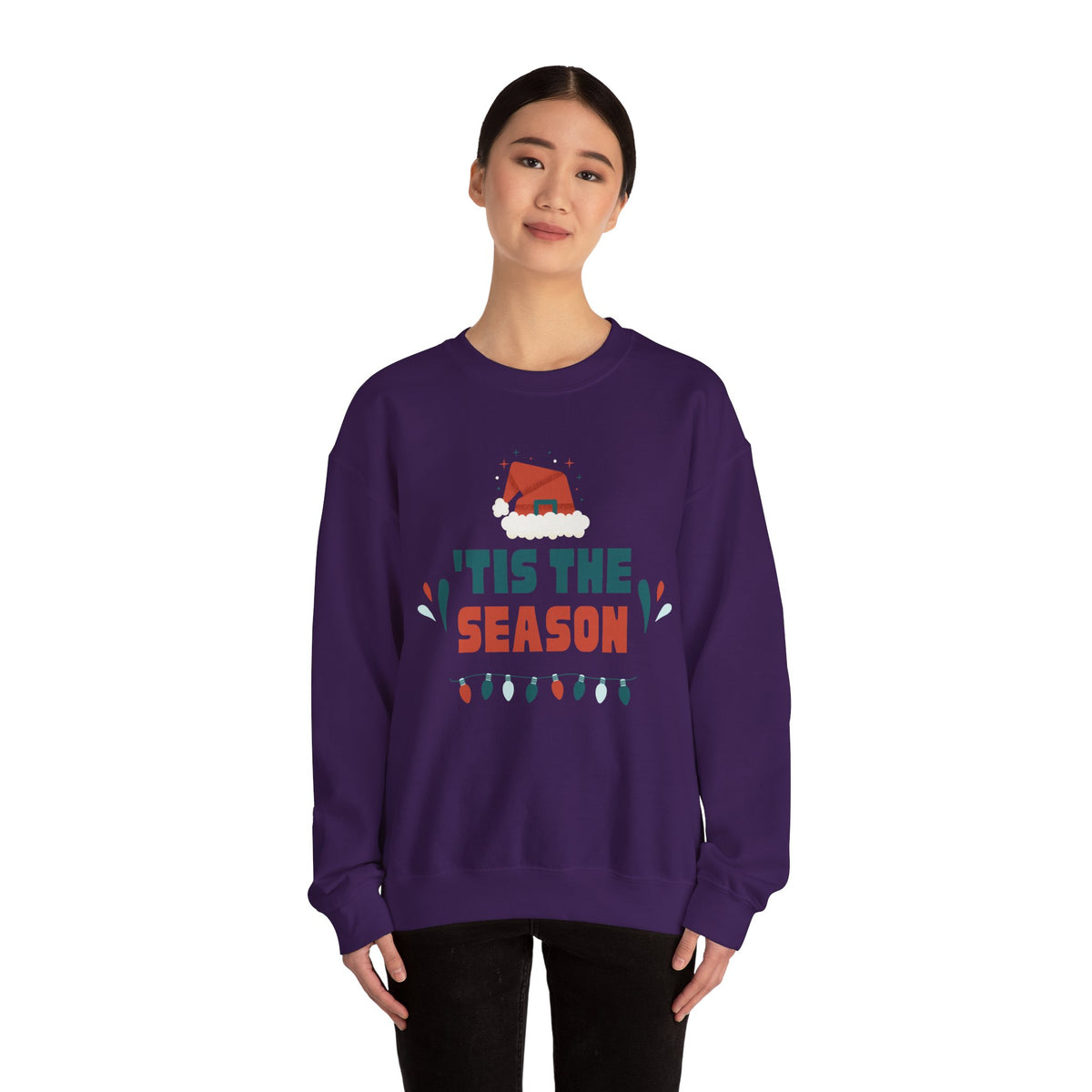 Unisex Heavy Blend Crewneck Sweatshirt 'Tis The Season To Be Jolly with Santa Hat & Lights 🎄✨