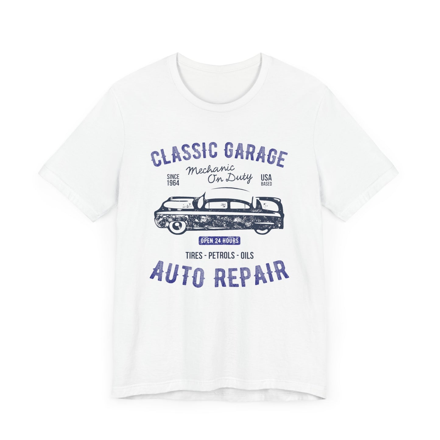 Unisex Jersey Short Sleeve Tee Classic Garage Auto Repair Navy Print