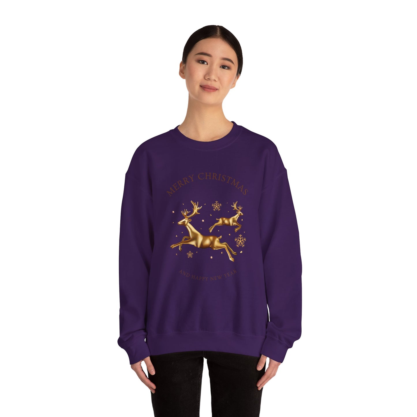 Unisex Heavy Blend Crewneck Sweatshirt Leaping Gold Reindeer 🎄✨ Merry Christmas & Happy New Year