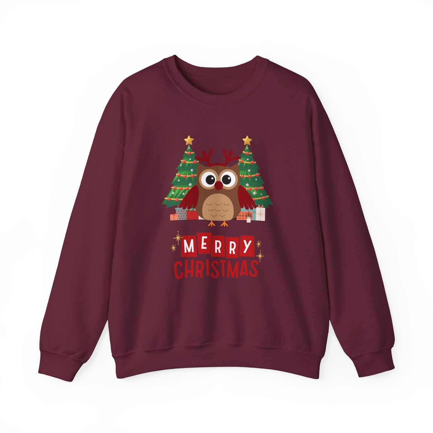 Unisex Heavy Blend Crewneck Sweatshirt Merry Christmas Owl with Antlers 🎄🦉✨