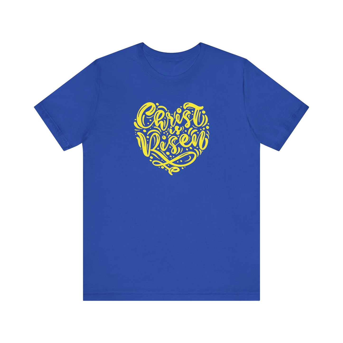 Unisex Jersey Short Sleeve Tee Easter 'Christ is Risen' Heart Shaped Yellow Print