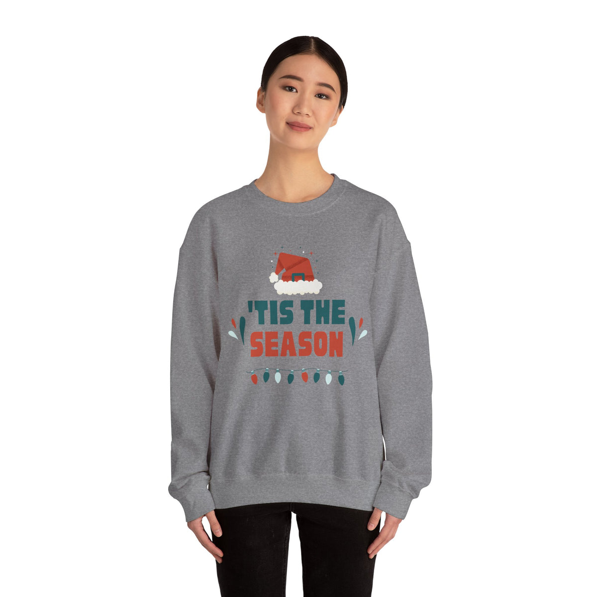 Unisex Heavy Blend Crewneck Sweatshirt 'Tis The Season To Be Jolly with Santa Hat & Lights 🎄✨