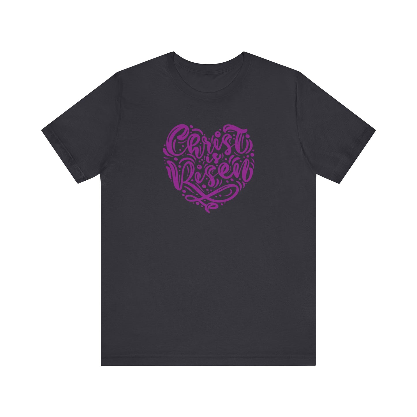 Unisex Jersey Short Sleeve Tee Easter 'Christ is Risen' Heart Shaped Purple Print