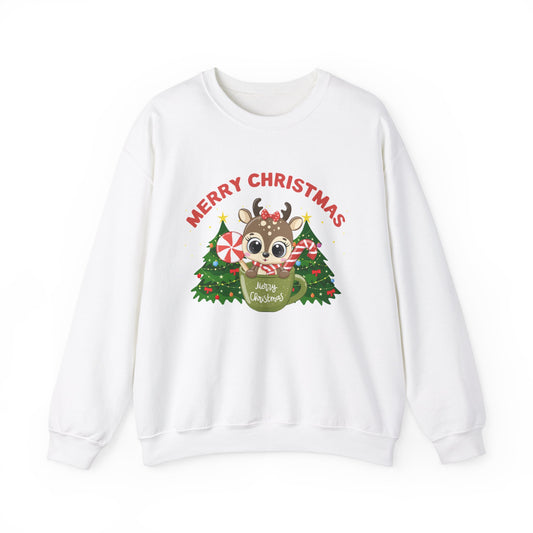 Unisex Heavy Blend Crewneck Sweatshirt Baby Deer in a Mug Merry Christmas 🎄☕🍭