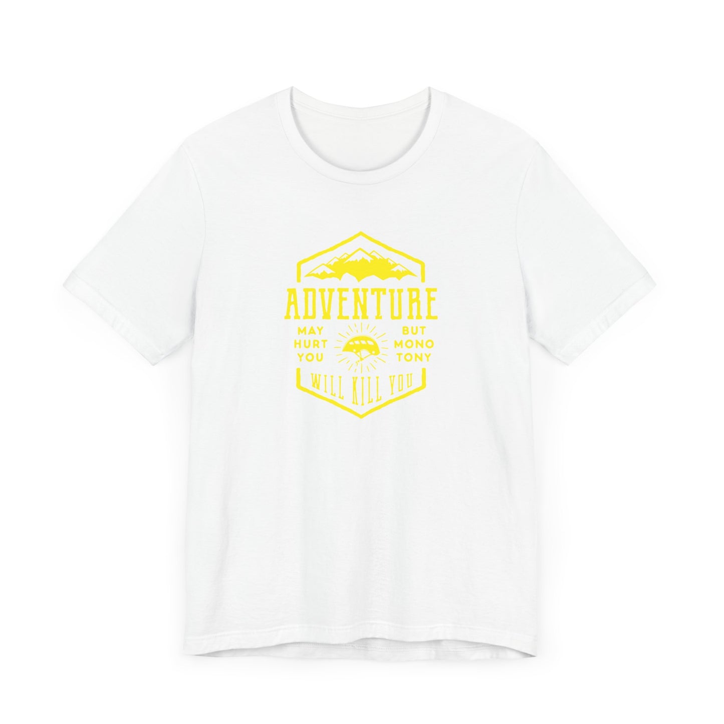 Unisex Jersey Short Sleeve Tee "Adventure" Yellow Print