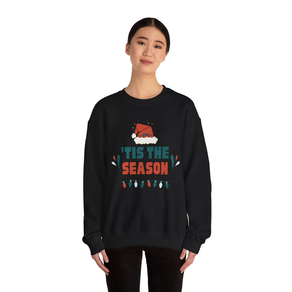 Unisex Heavy Blend Crewneck Sweatshirt 'Tis The Season To Be Jolly with Santa Hat & Lights 🎄✨