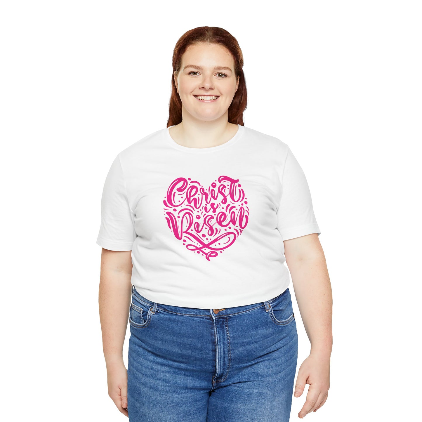 Christ is Risen Heart Shaped Pink Print Unisex Jersey Short Sleeve Tee