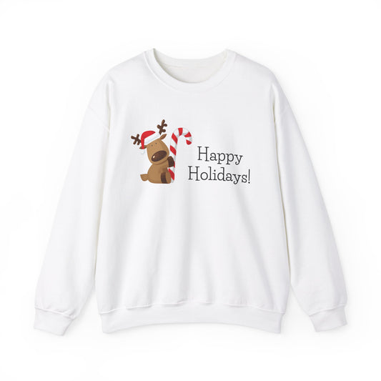 Unisex Heavy Blend Crewneck Sweatshirt Happy Holidays with Adorable Reindeer 🎄🦌🍭