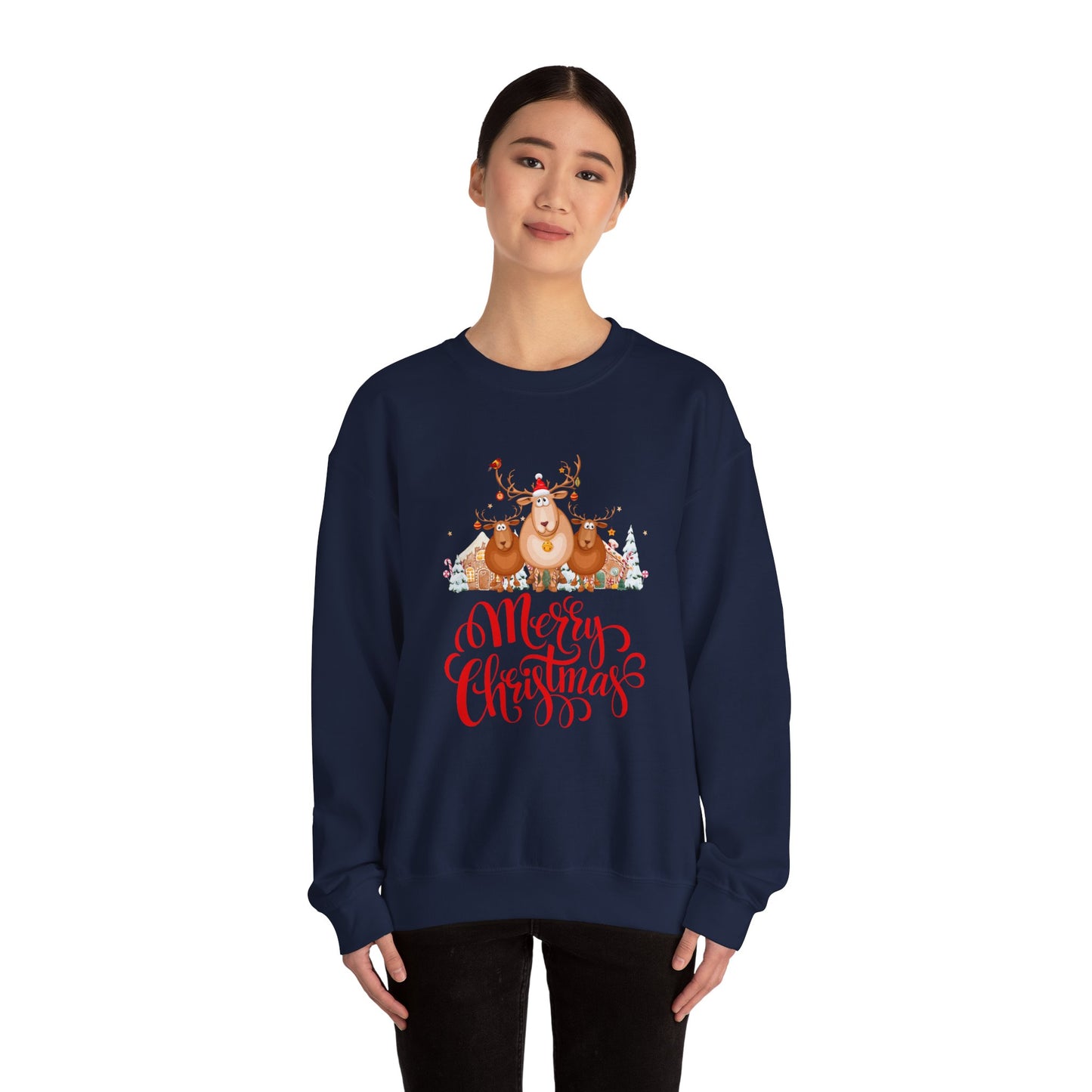 Unisex Heavy Blend Crewneck Sweatshirt Merry Christmas with Reindeer 🎄🦌✨