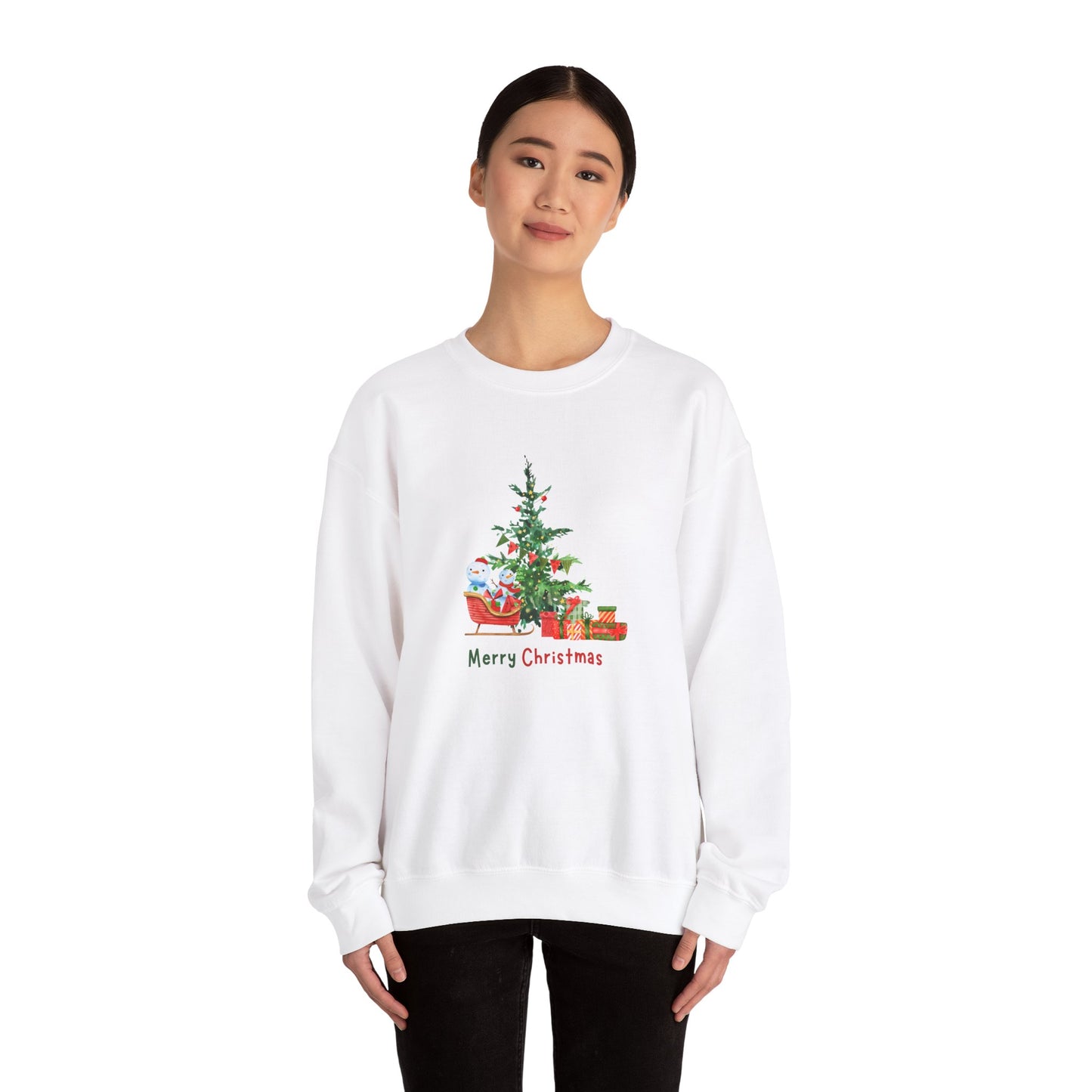 Unisex Heavy Blend Crewneck Sweatshirt Merry Christmas with Snowmen & Sleigh 🎄⛄🎁✨