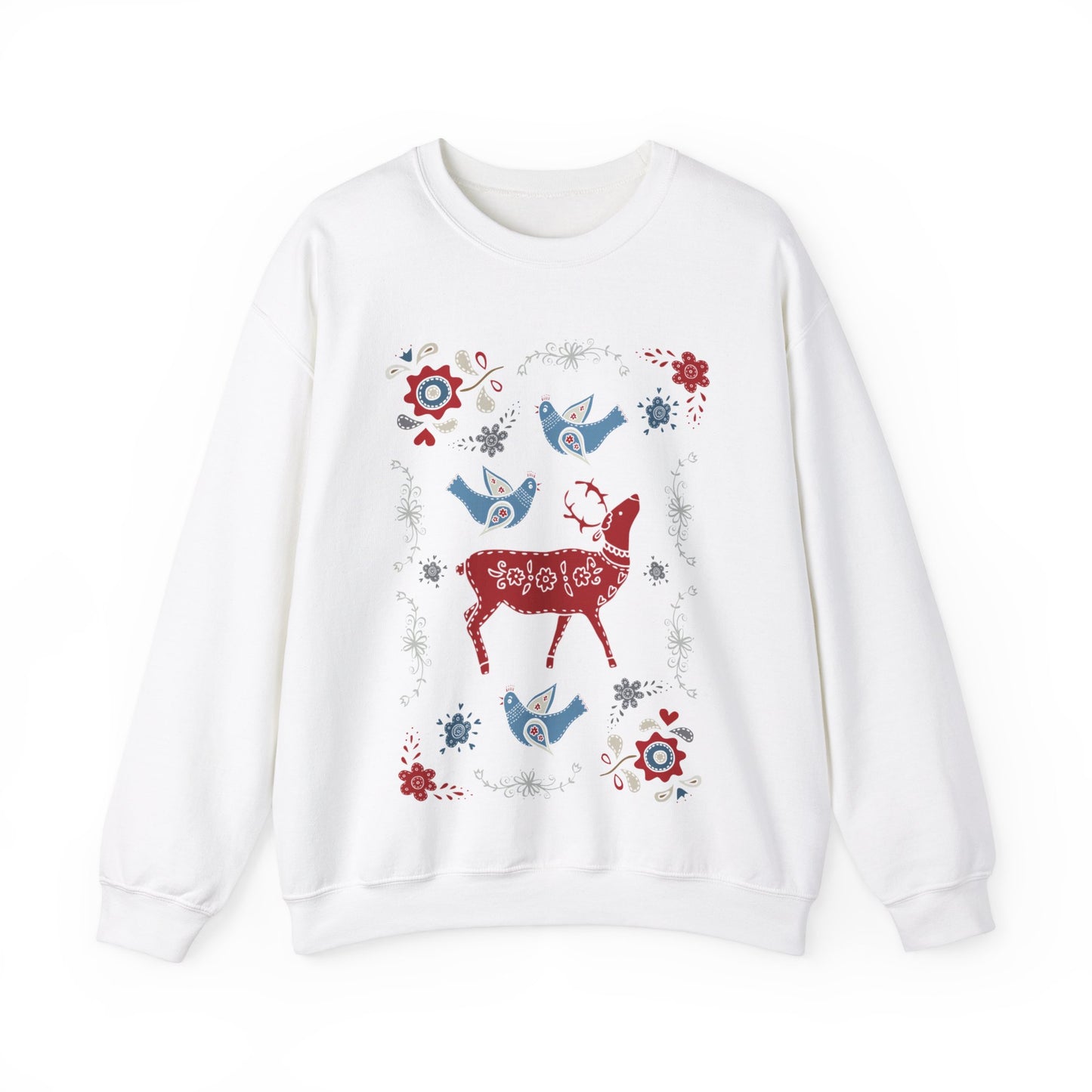 Unisex Heavy Blend Crewneck Sweatshirt Folk-Art Collage of Winter Wonders ❄️🦌🌸