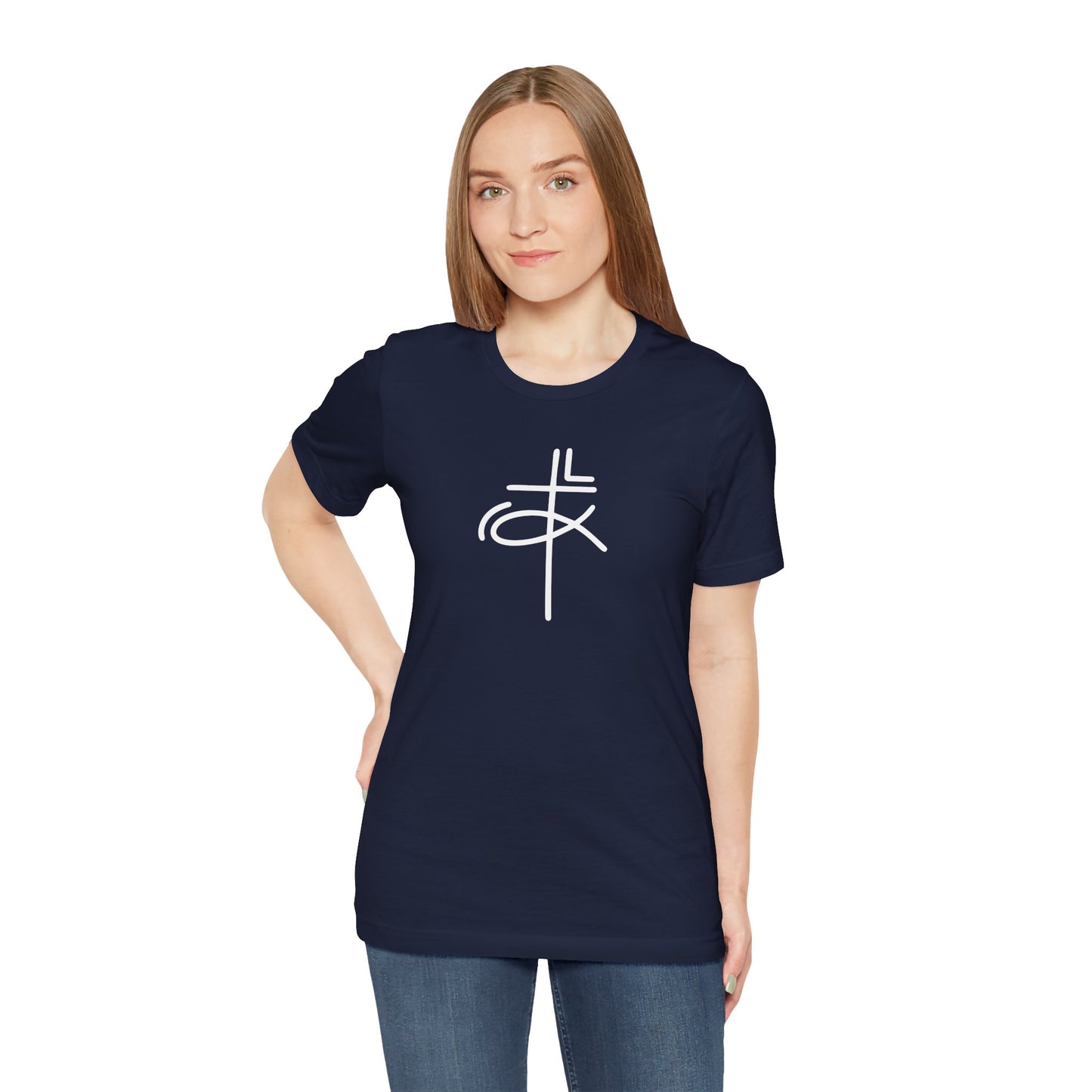 Crucifix Ichthys Jesus Fish White Print Unisex Jersey Short Sleeve Tee