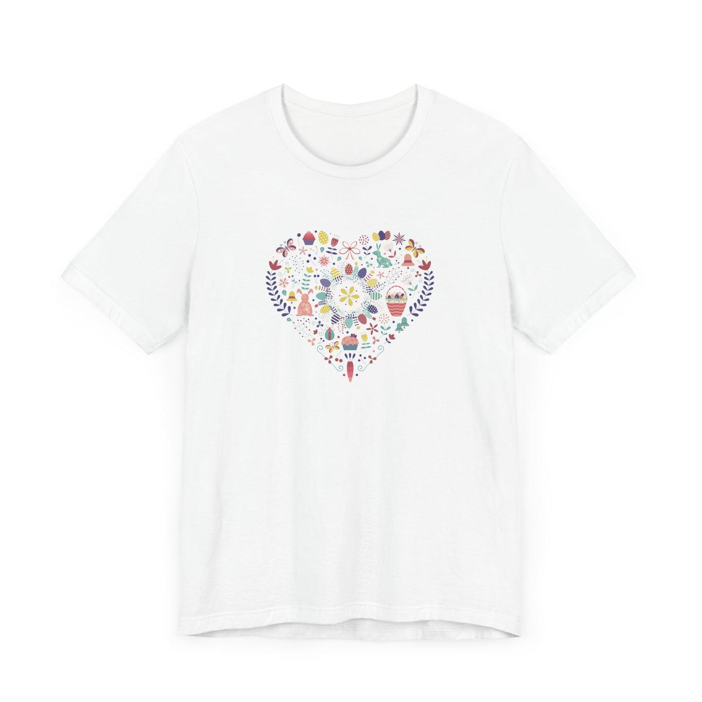 Unisex Jersey Short Sleeve Tee "Hoppy Heart" Colorful Easter Rabbit & Egg Collage