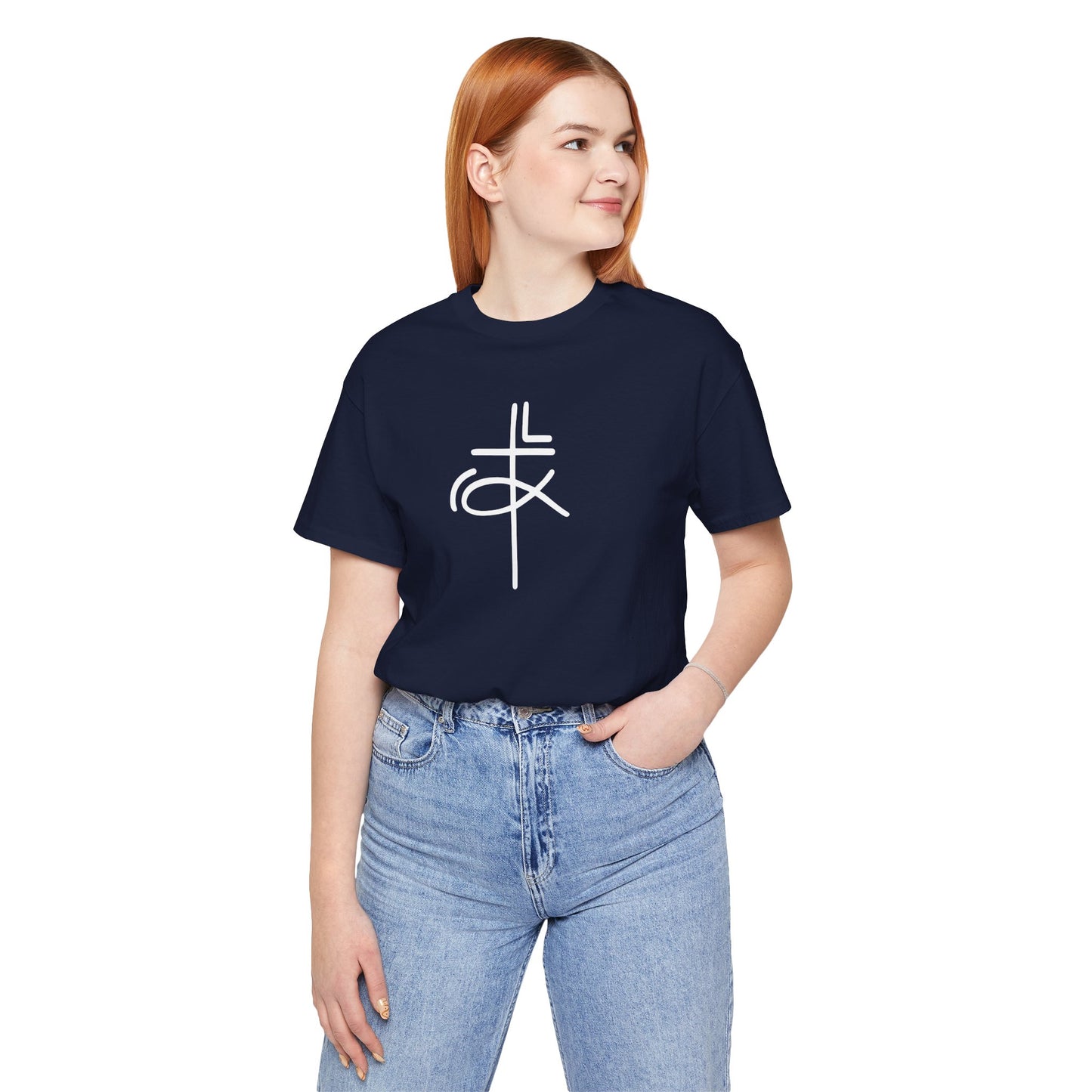 Crucifix Ichthys Jesus Fish White Print Unisex Jersey Short Sleeve Tee
