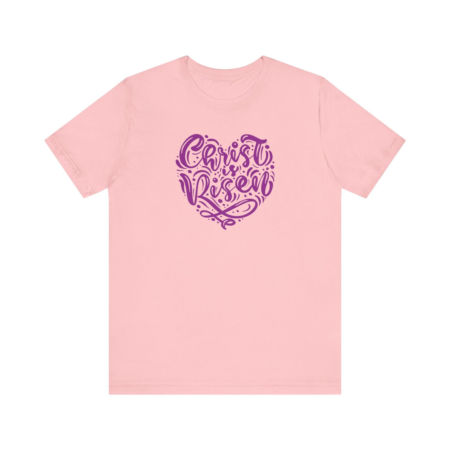 Unisex Jersey Short Sleeve Tee Easter 'Christ is Risen' Heart Shaped Purple Print