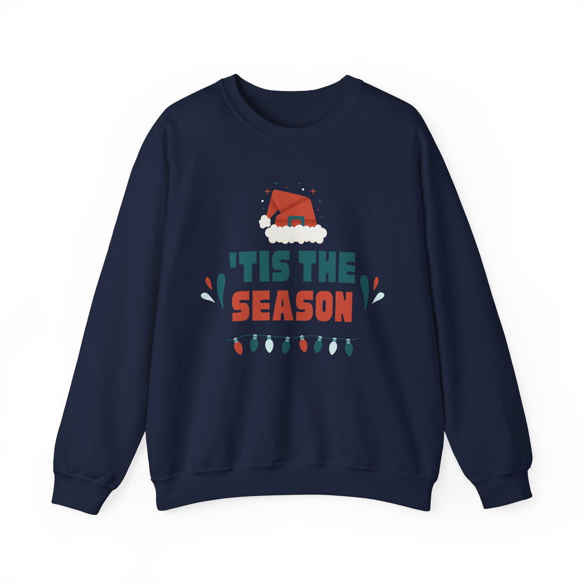 Unisex Heavy Blend Crewneck Sweatshirt 'Tis The Season To Be Jolly with Santa Hat & Lights 🎄✨