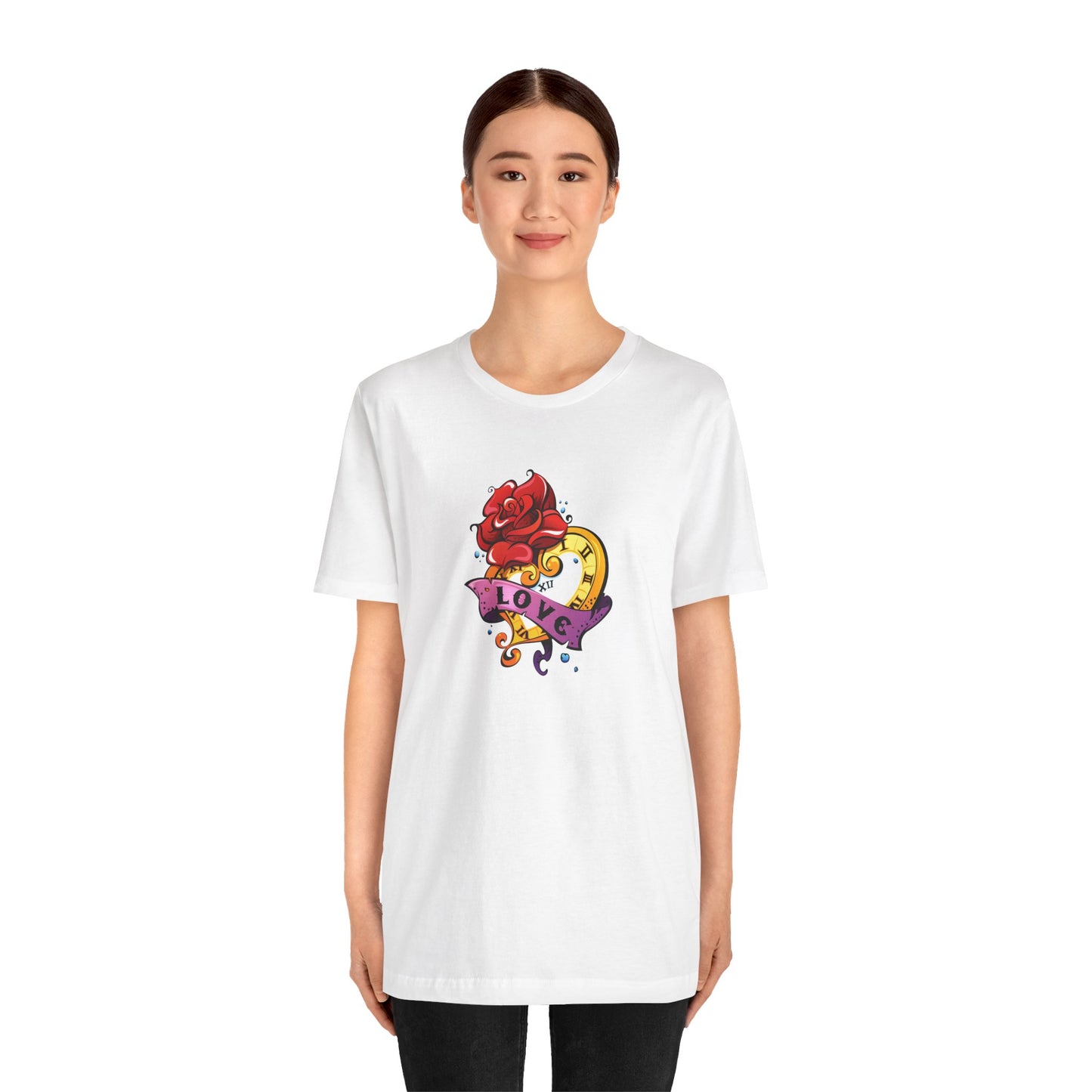 Timeless Love Heart-Shaped Clock with Love Scroll & Rose Unisex Jersey Short Sleeve Tee