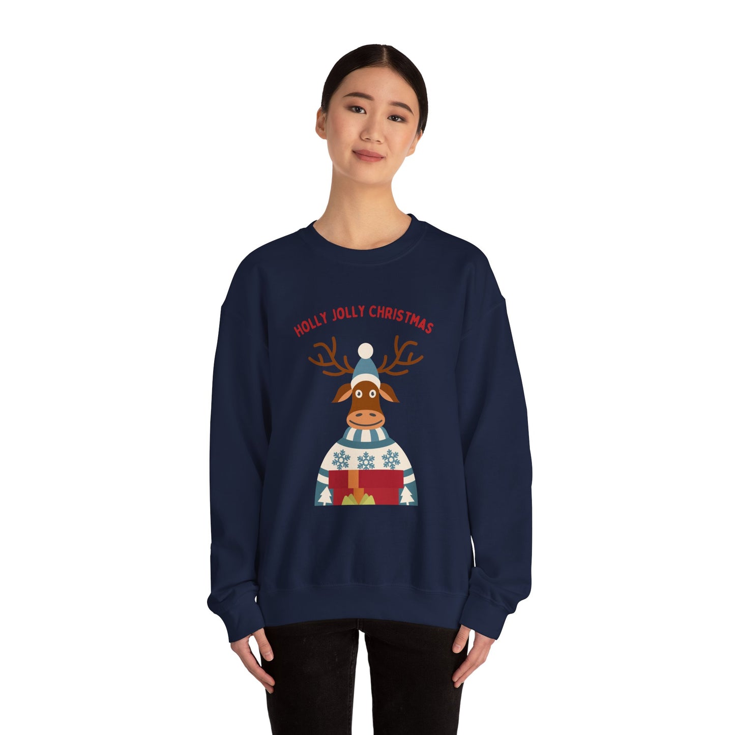 Unisex Heavy Blend Crewneck Sweatshirt Holly Jolly Christmas Reindeer 🎄🦌🎁