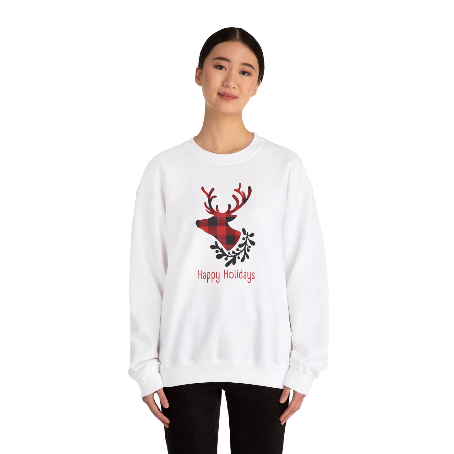 Unisex Heavy Blend Crewneck Sweatshirt Happy Holidays with Tartan Reindeer 🎄🦌✨