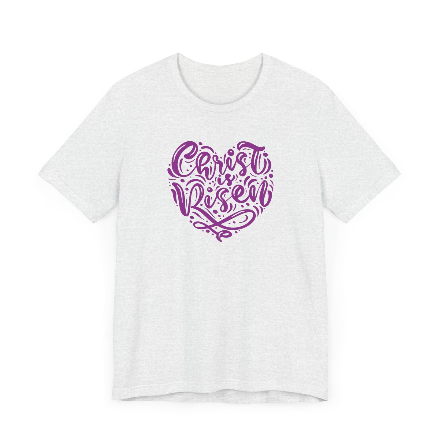 Unisex Jersey Short Sleeve Tee Easter 'Christ is Risen' Heart Shaped Purple Print