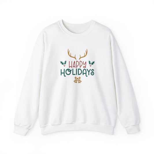 Unisex Heavy Blend Crewneck Sweatshirt Happy Holidays with Reindeer Antlers 🎄🔔✨