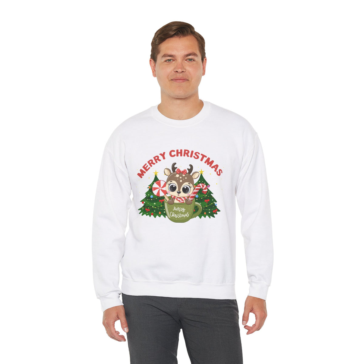 Unisex Heavy Blend Crewneck Sweatshirt Baby Deer in a Mug Merry Christmas 🎄☕🍭