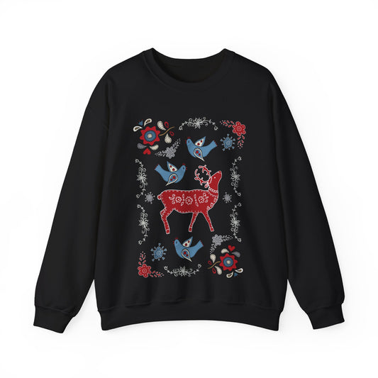 Unisex Heavy Blend Crewneck Sweatshirt Folk-Art Collage of Winter Wonders ❄️🦌🌸