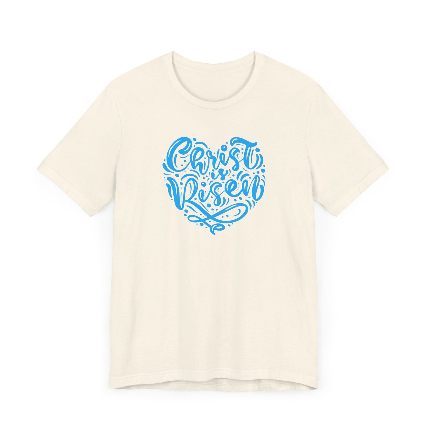 Unisex Jersey Short Sleeve Tee Easter 'Christ is Risen' Heart Shaped Blue Print