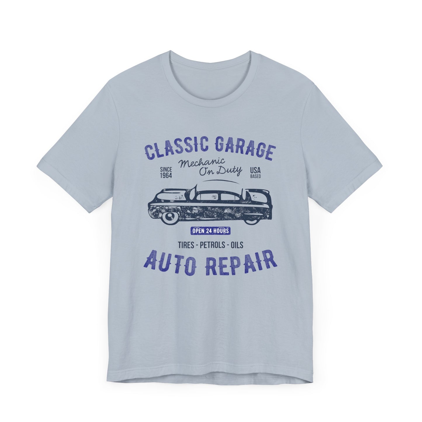 Unisex Jersey Short Sleeve Tee Classic Garage Auto Repair Navy Print