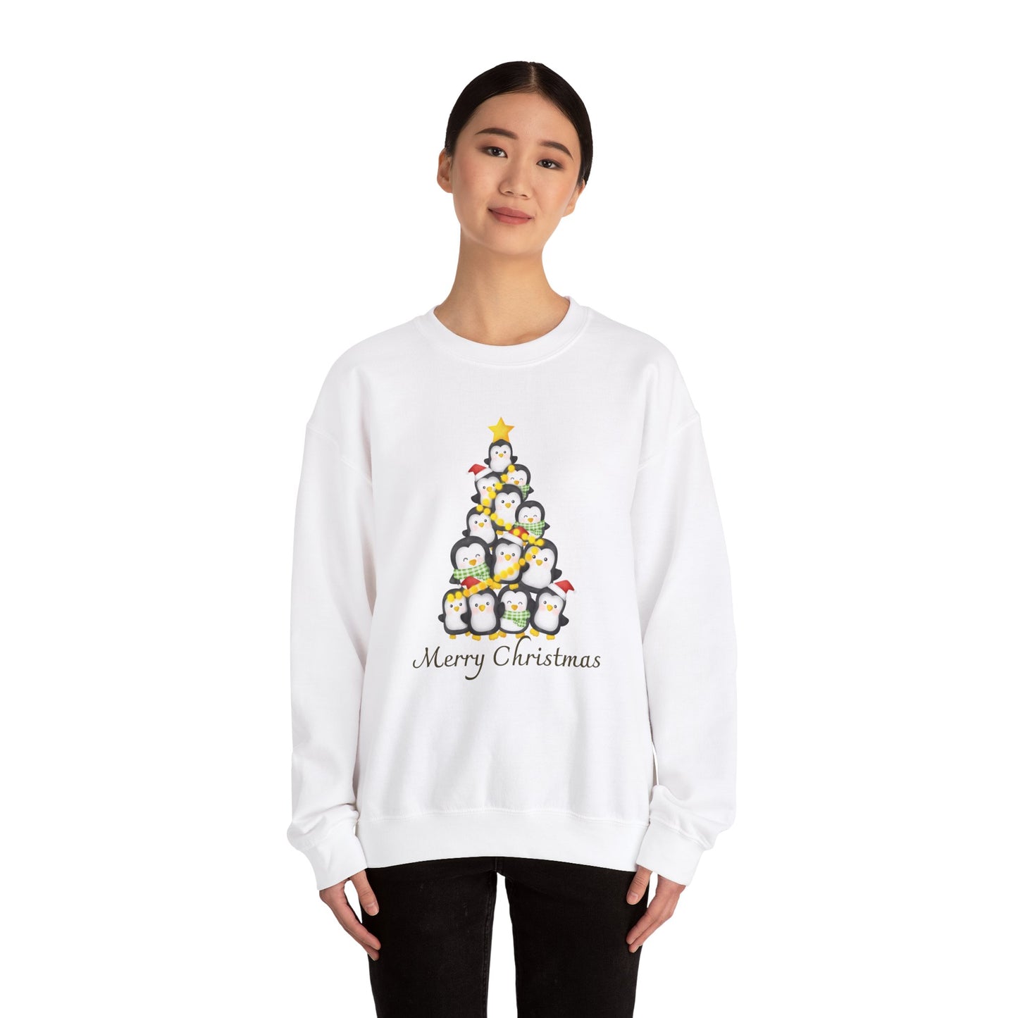 Unisex Heavy Blend Crewneck Sweatshirt Merry Christmas with Penguin Tree 🎄🐧✨