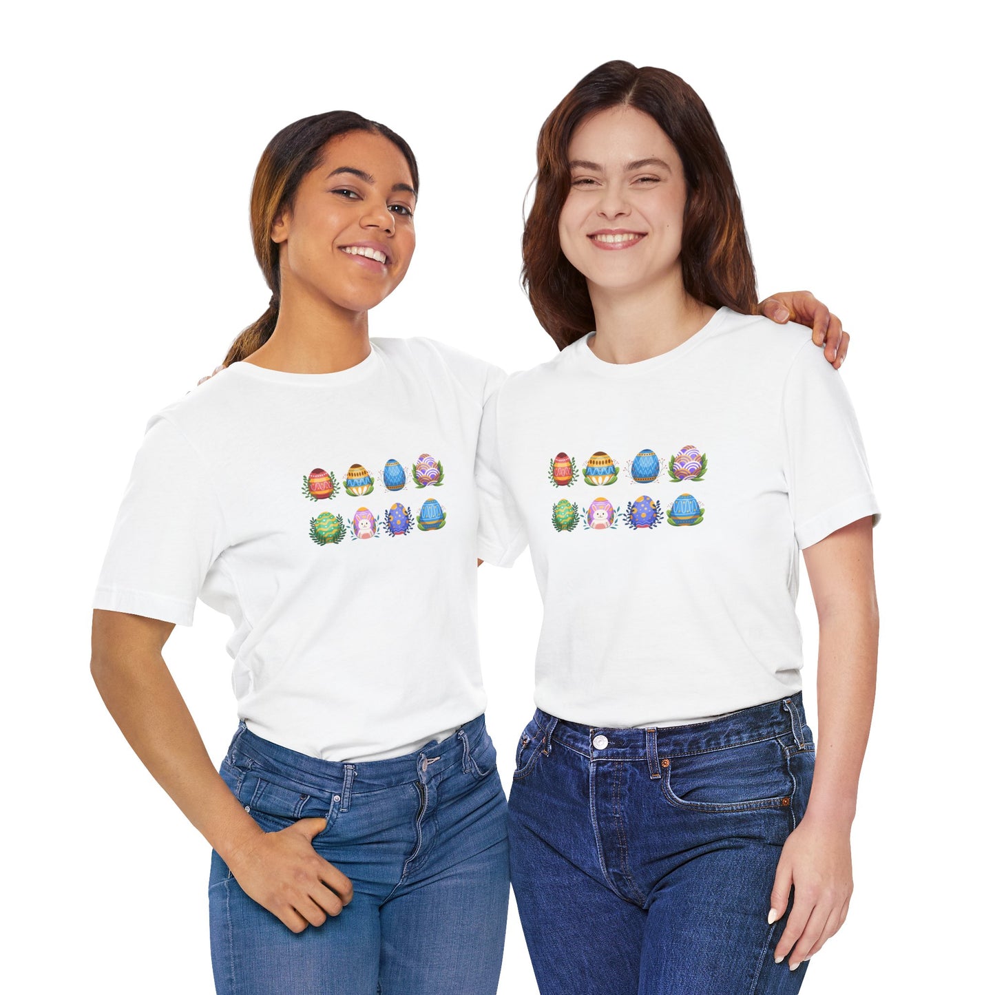 Egg-citing Wreaths Colorful Easter Egg Rows & Spring Leaves Unisex Jersey Short Sleeve Tee