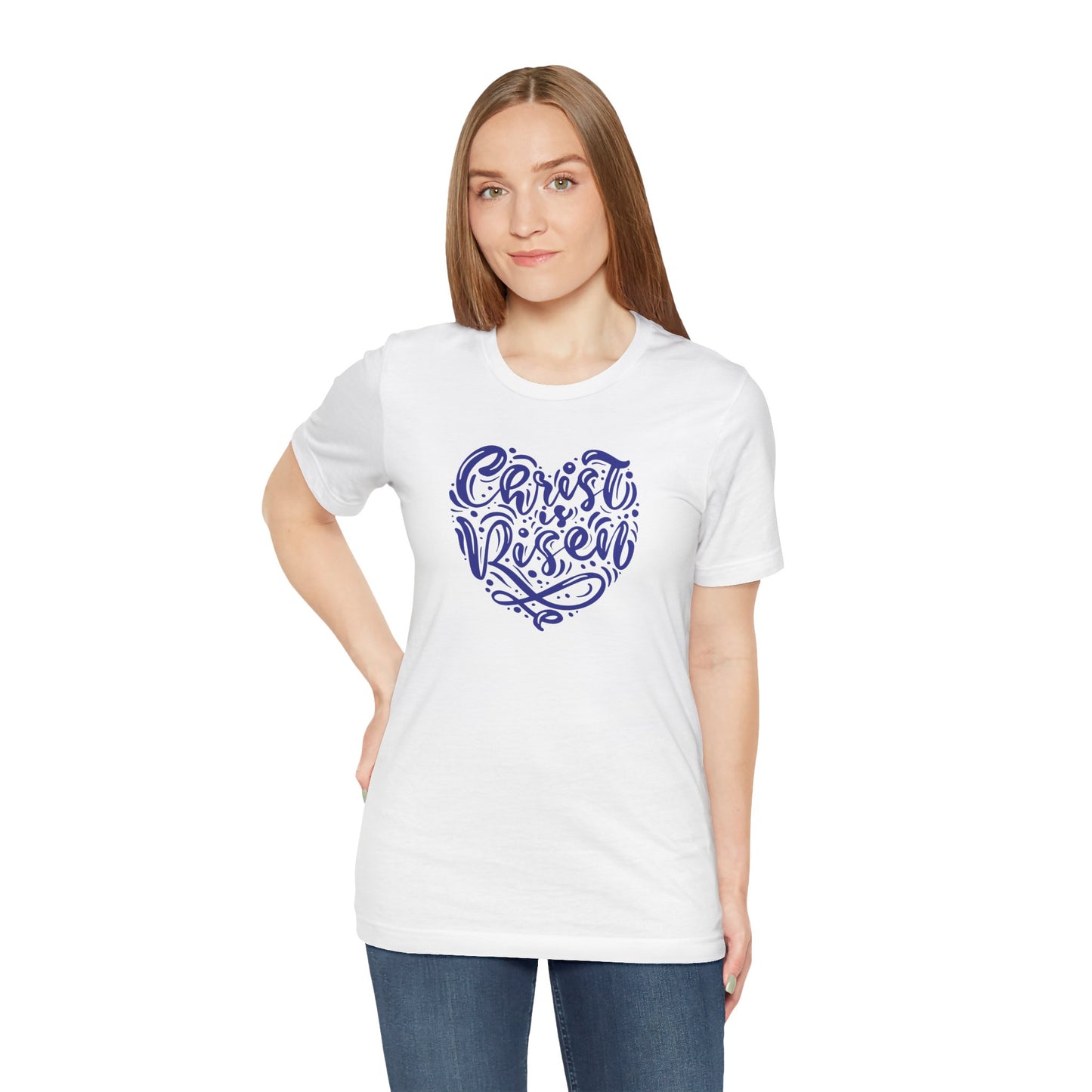 Christ is Risen Heart Shaped Navy Print Unisex Jersey Short Sleeve Tee