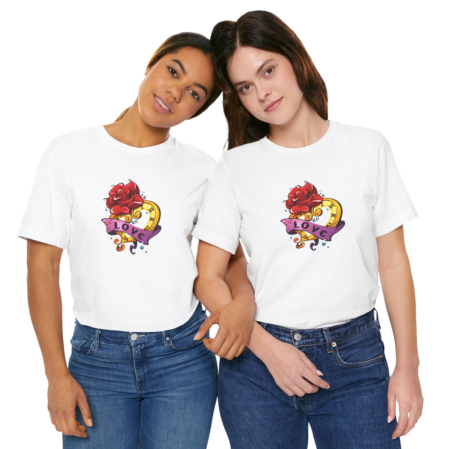 Timeless Love Heart-Shaped Clock with Love Scroll & Rose Unisex Jersey Short Sleeve Tee