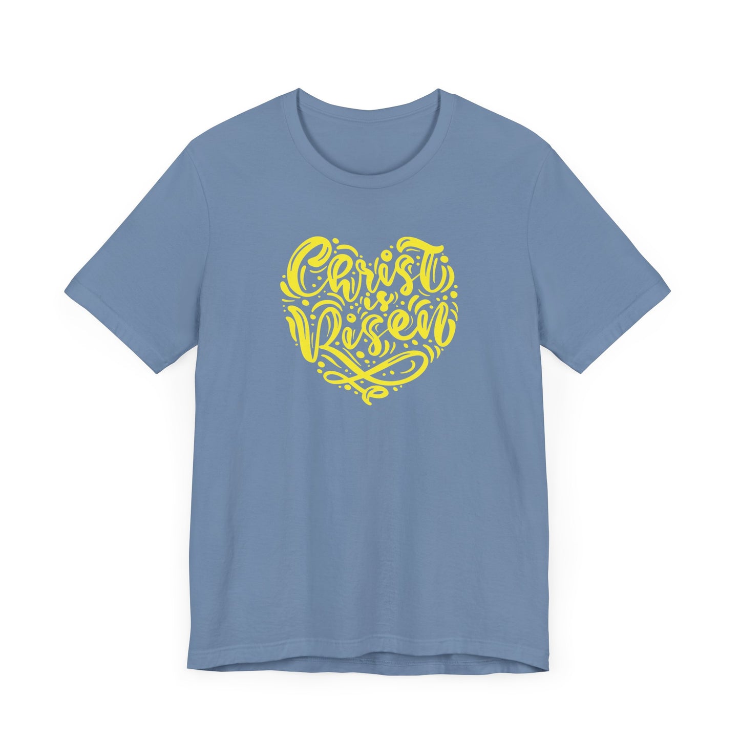 Unisex Jersey Short Sleeve Tee Easter 'Christ is Risen' Heart Shaped Yellow Print