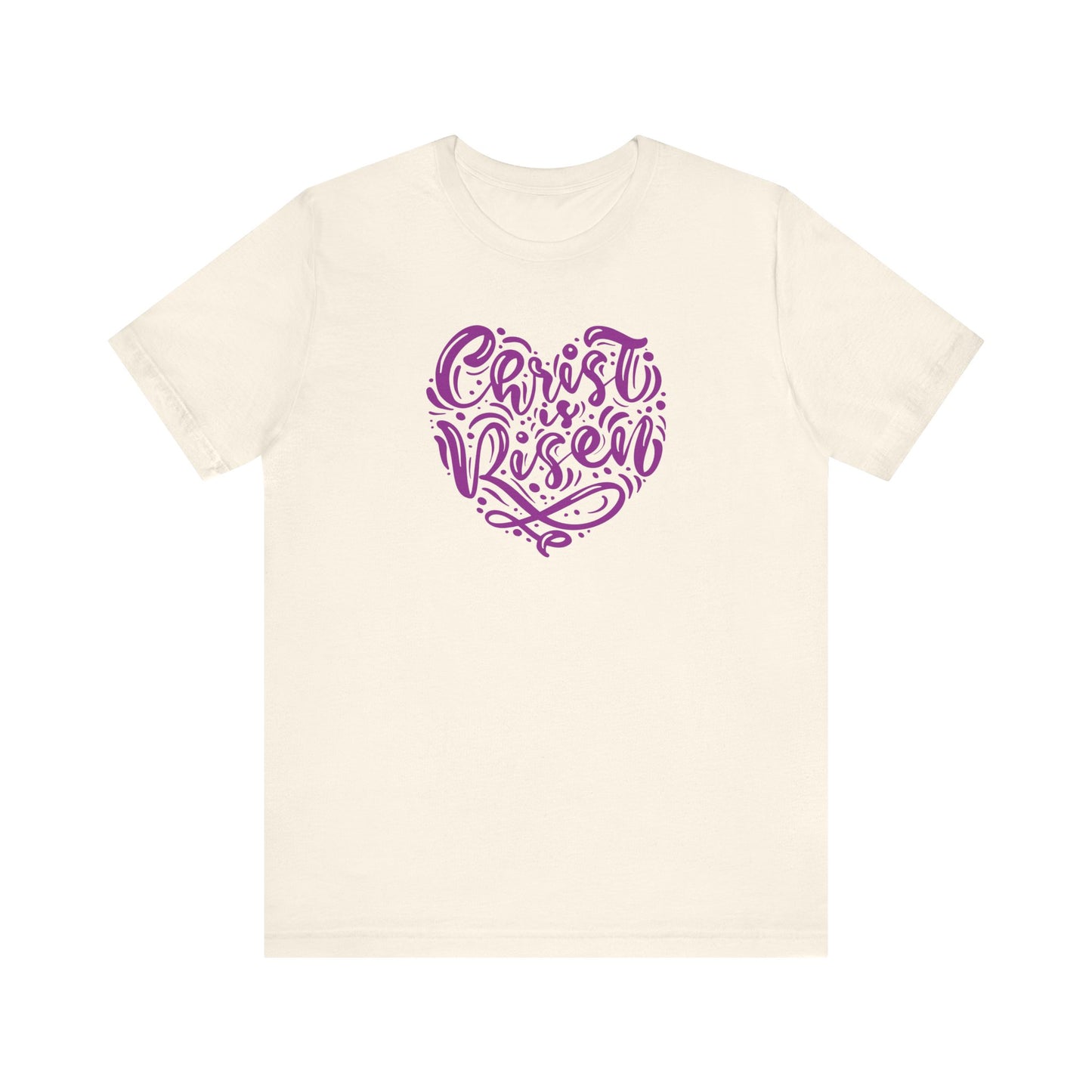 Unisex Jersey Short Sleeve Tee Easter 'Christ is Risen' Heart Shaped Purple Print