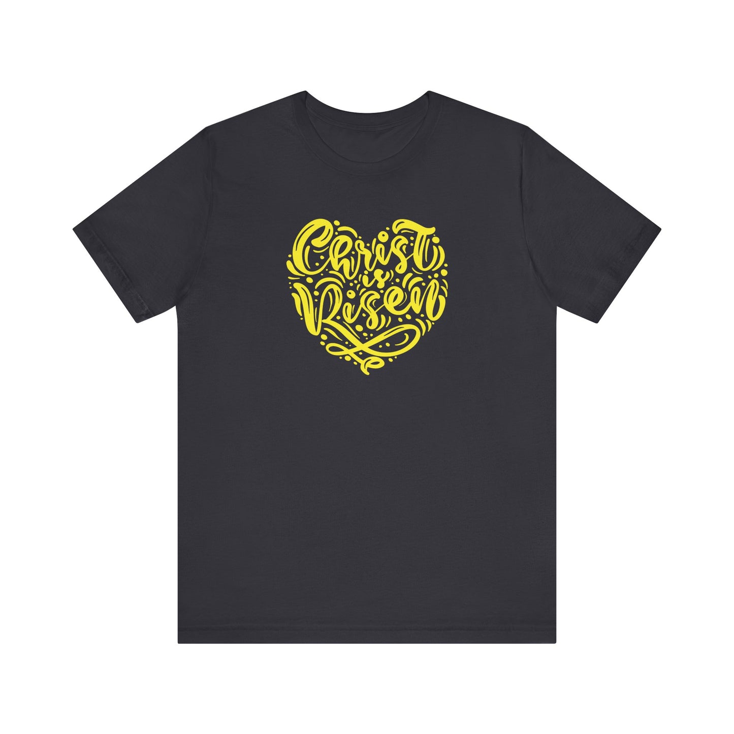 Unisex Jersey Short Sleeve Tee Easter 'Christ is Risen' Heart Shaped Yellow Print