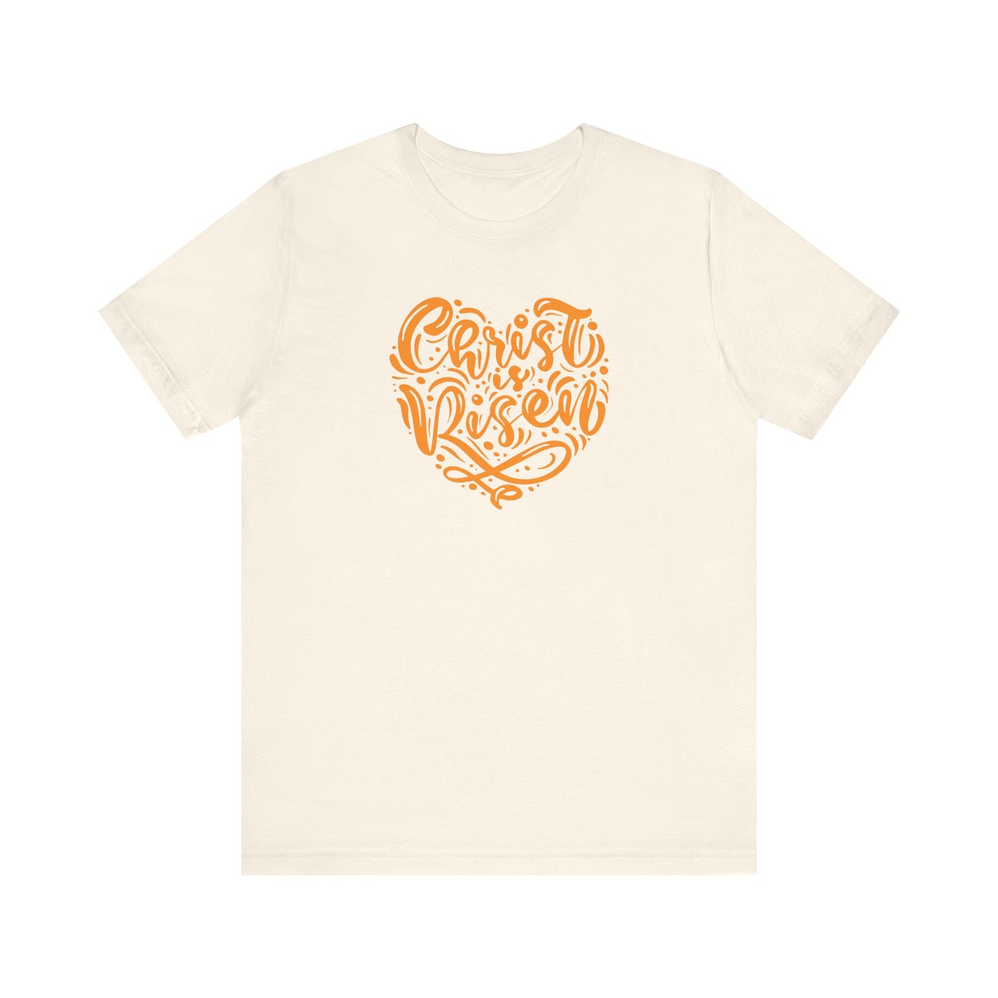 Unisex Jersey Short Sleeve Tee Easter 'Christ is Risen' Heart Shaped Orange Print