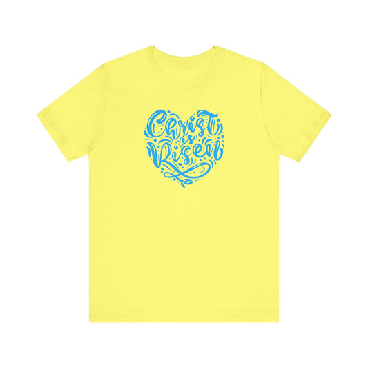 Unisex Jersey Short Sleeve Tee Easter 'Christ is Risen' Heart Shaped Blue Print