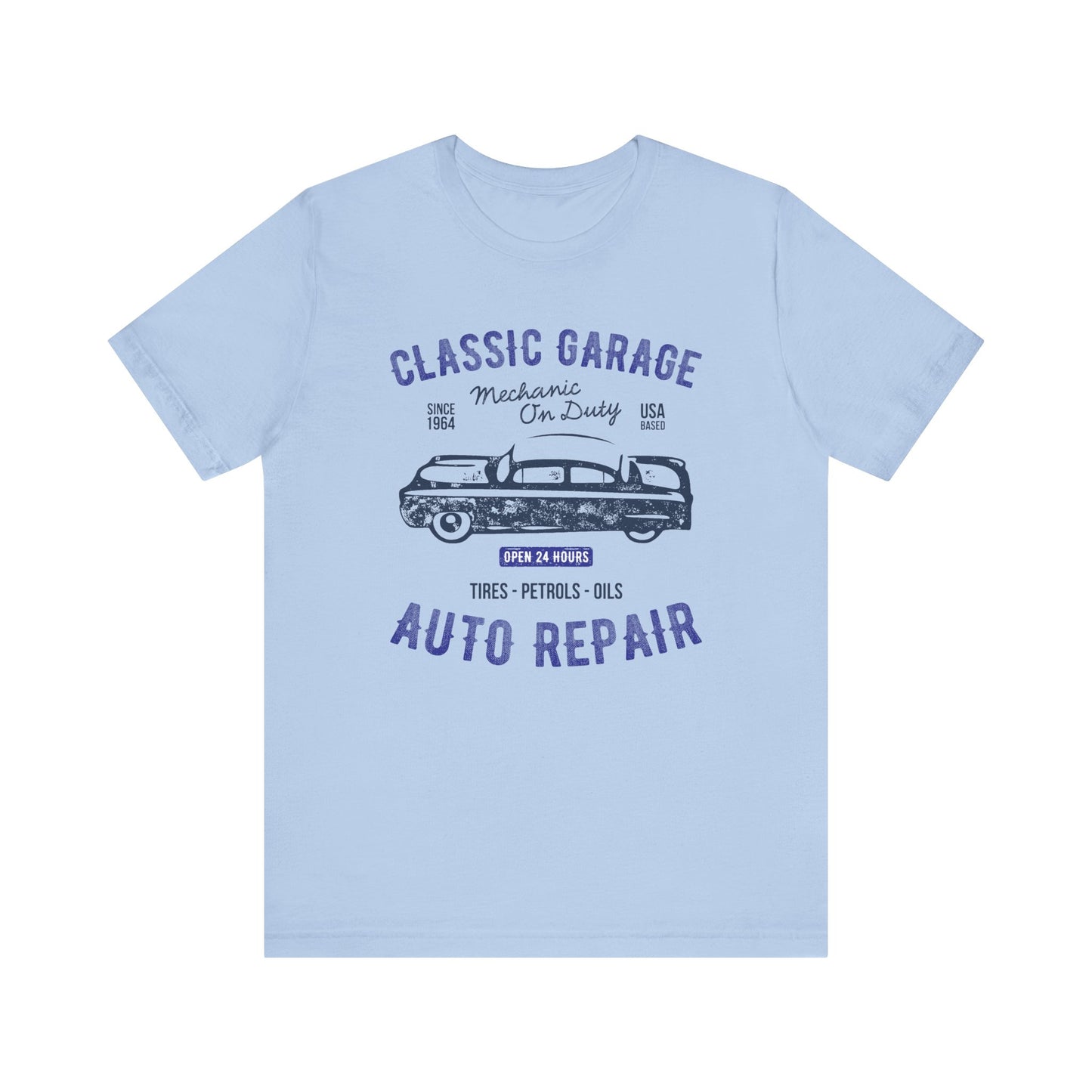 Unisex Jersey Short Sleeve Tee Classic Garage Auto Repair Navy Print