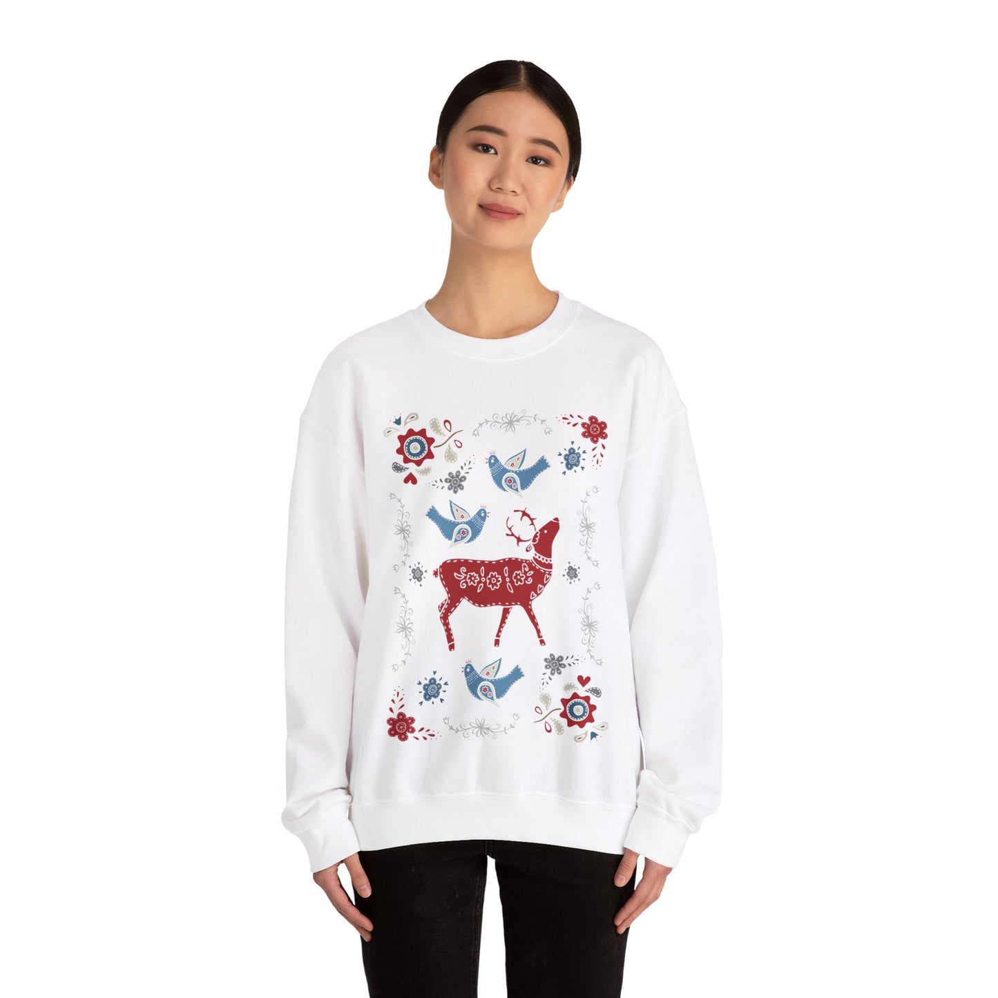 Unisex Heavy Blend Crewneck Sweatshirt Folk-Art Collage of Winter Wonders ❄️🦌🌸