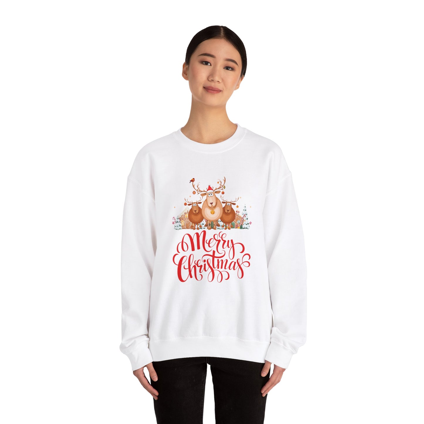 Unisex Heavy Blend Crewneck Sweatshirt Merry Christmas with Reindeer 🎄🦌✨