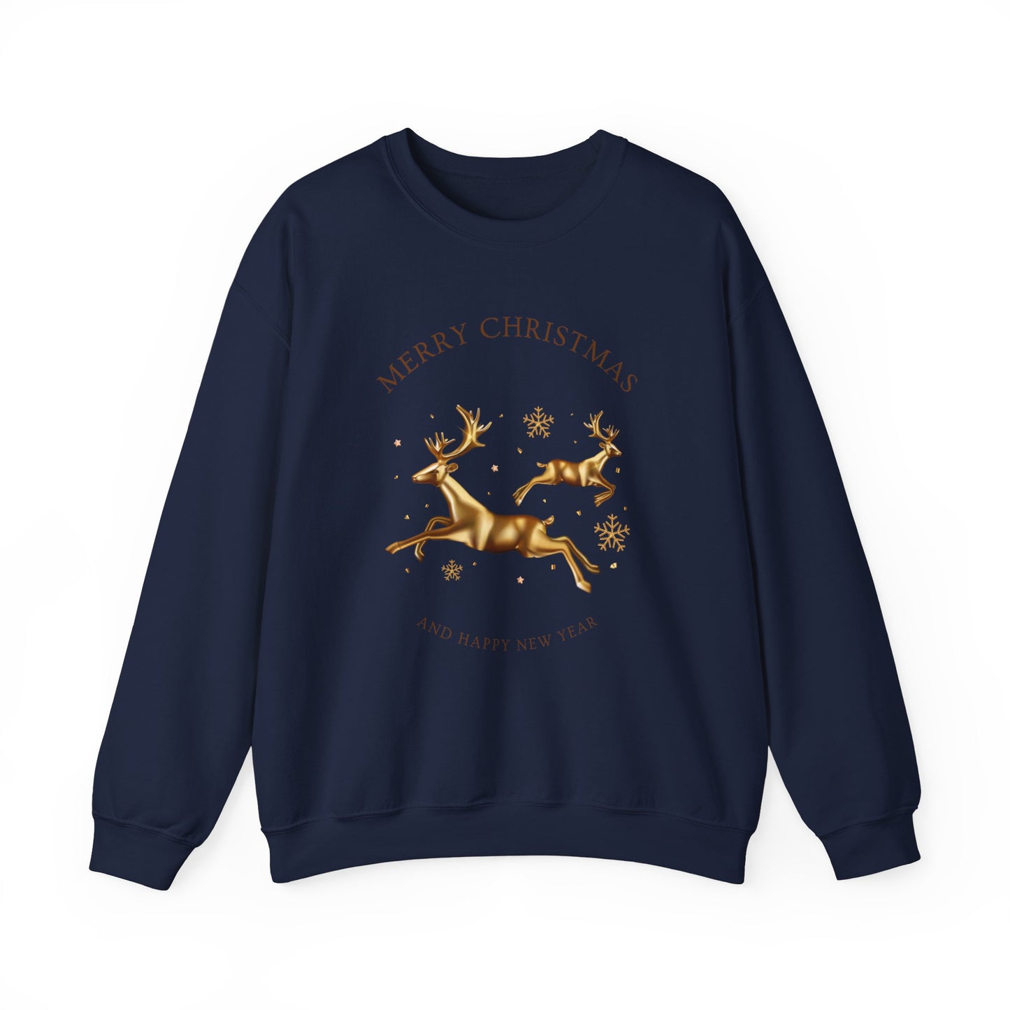 Unisex Heavy Blend Crewneck Sweatshirt Leaping Gold Reindeer 🎄✨ Merry Christmas & Happy New Year