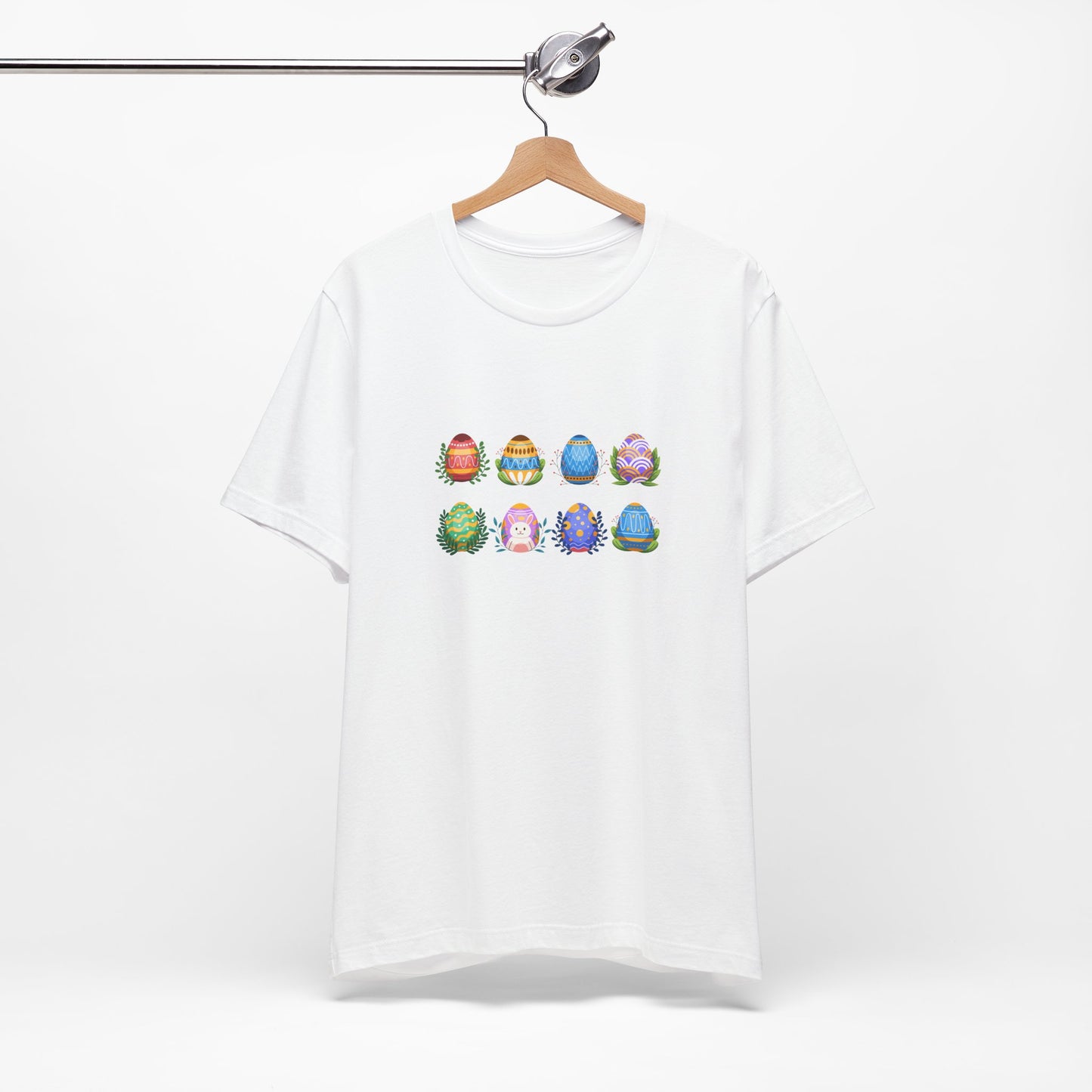 Egg-citing Wreaths Colorful Easter Egg Rows & Spring Leaves Unisex Jersey Short Sleeve Tee