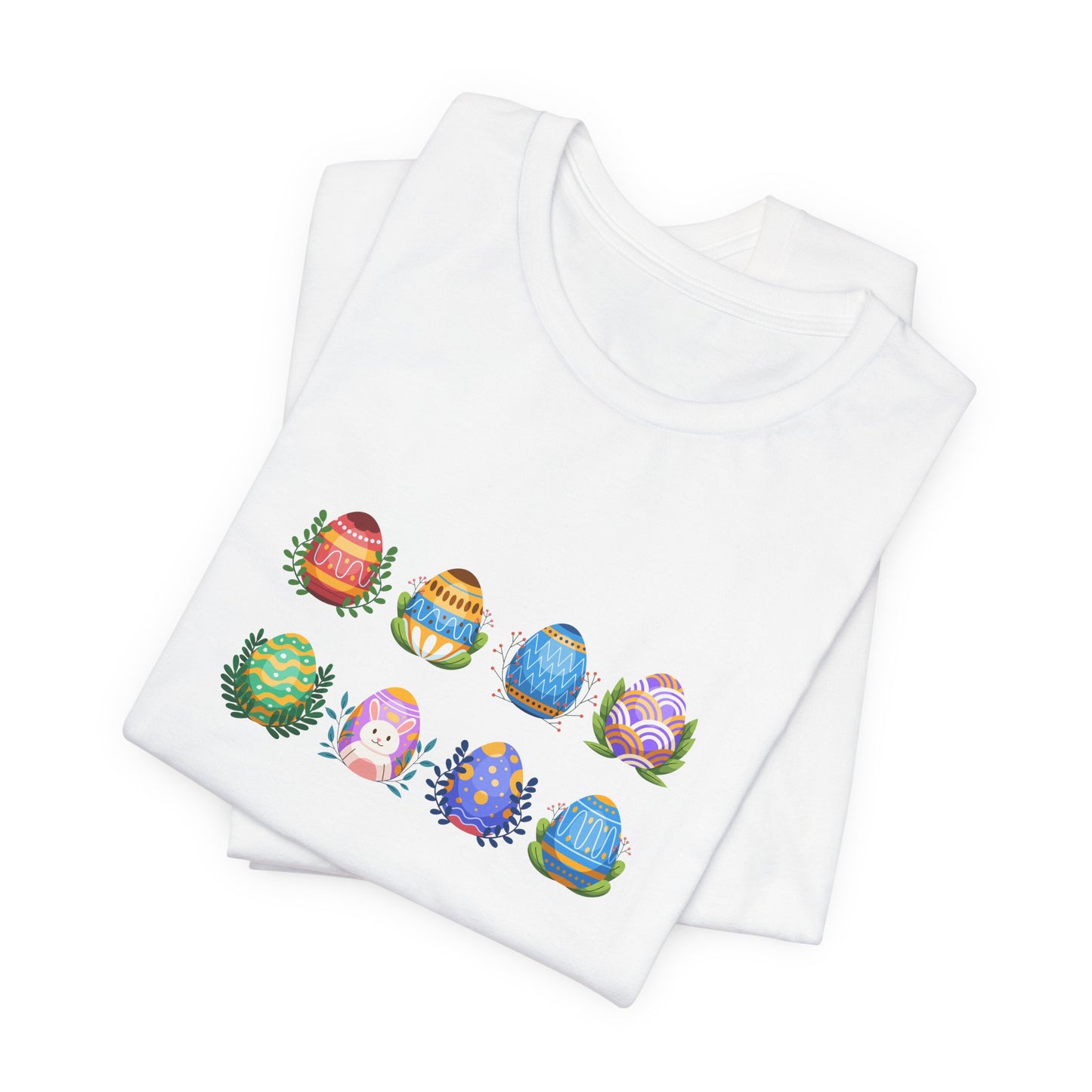 Egg-citing Wreaths Colorful Easter Egg Rows & Spring Leaves Unisex Jersey Short Sleeve Tee
