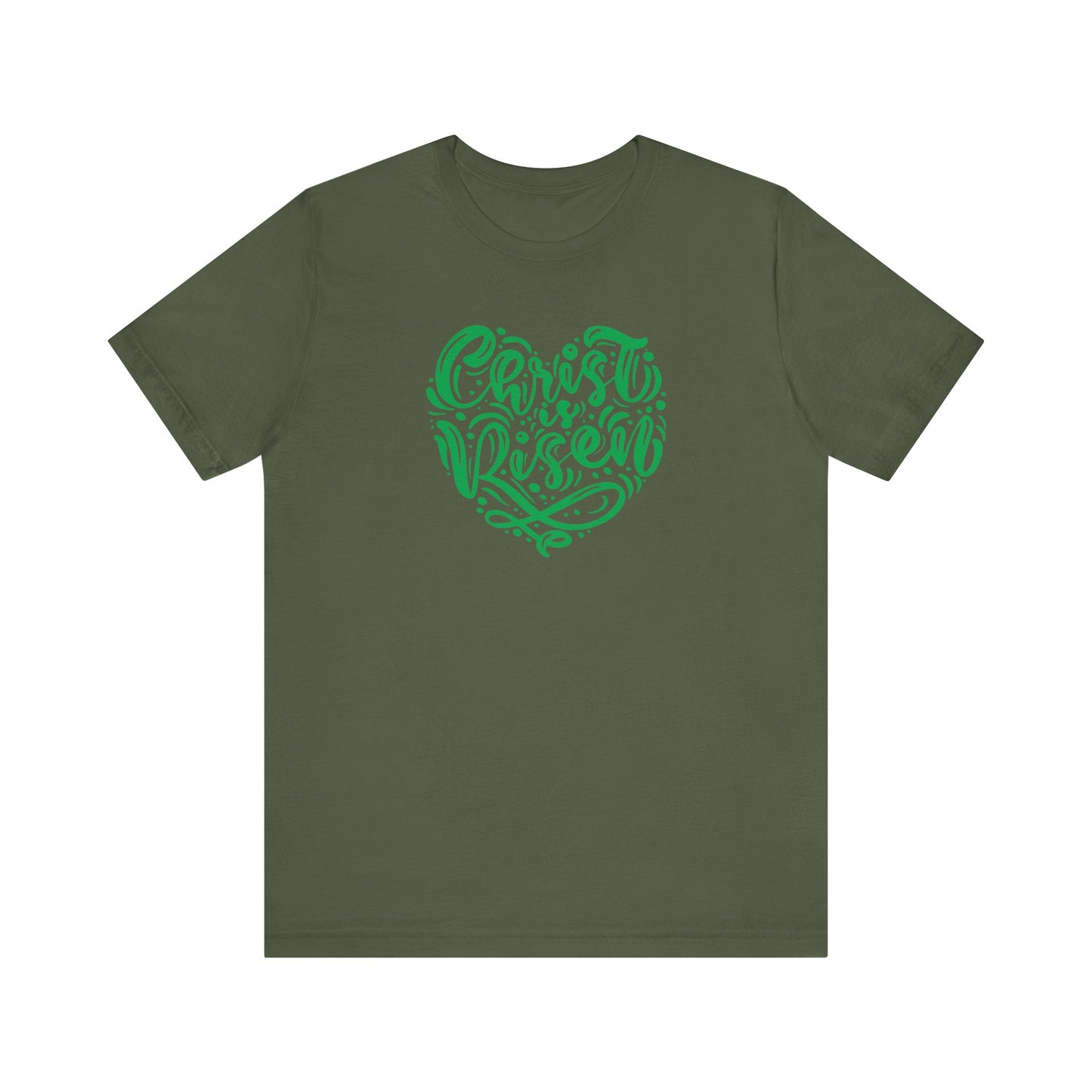 Unisex Jersey Short Sleeve Tee Easter 'Christ is Risen' Heart Shaped Green Print