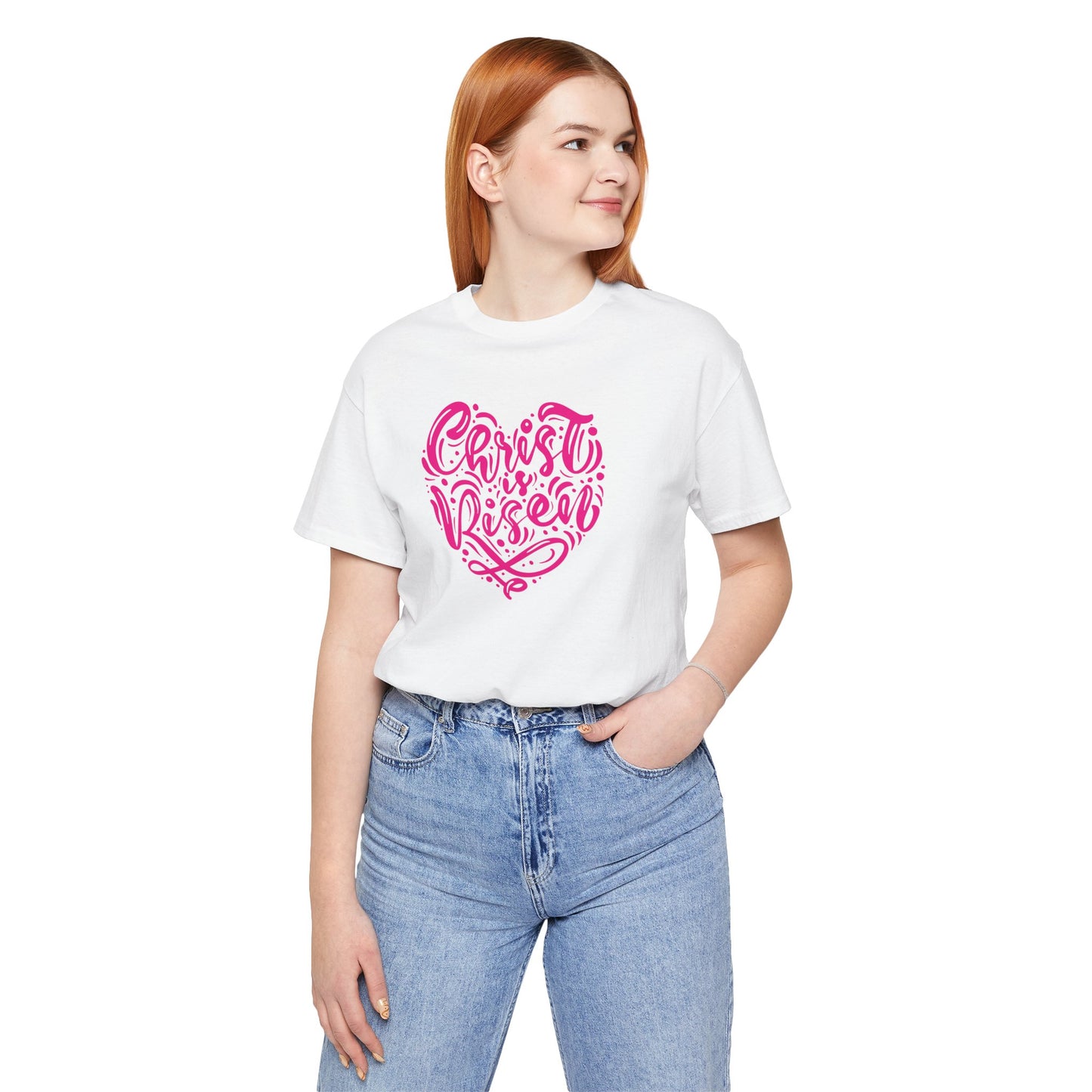 Christ is Risen Heart Shaped Pink Print Unisex Jersey Short Sleeve Tee