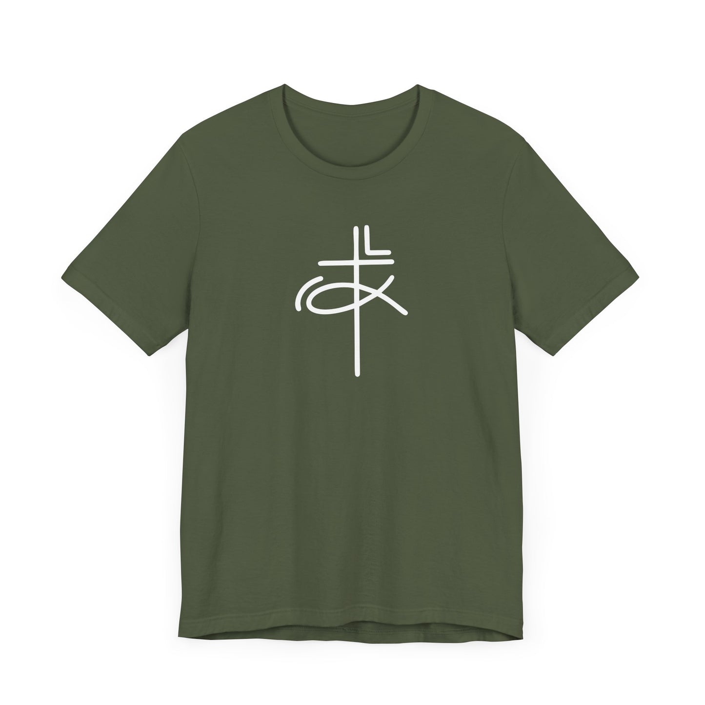 Crucifix Ichthys Jesus Fish White Print Unisex Jersey Short Sleeve Tee