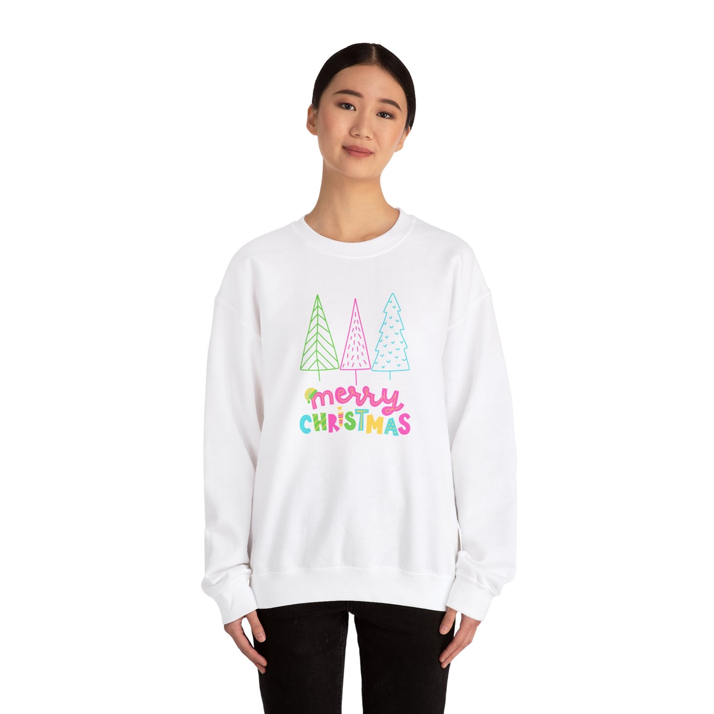 Unisex Heavy Blend Crewneck Sweatshirt Neon Christmas Trees 🎄✨🌈